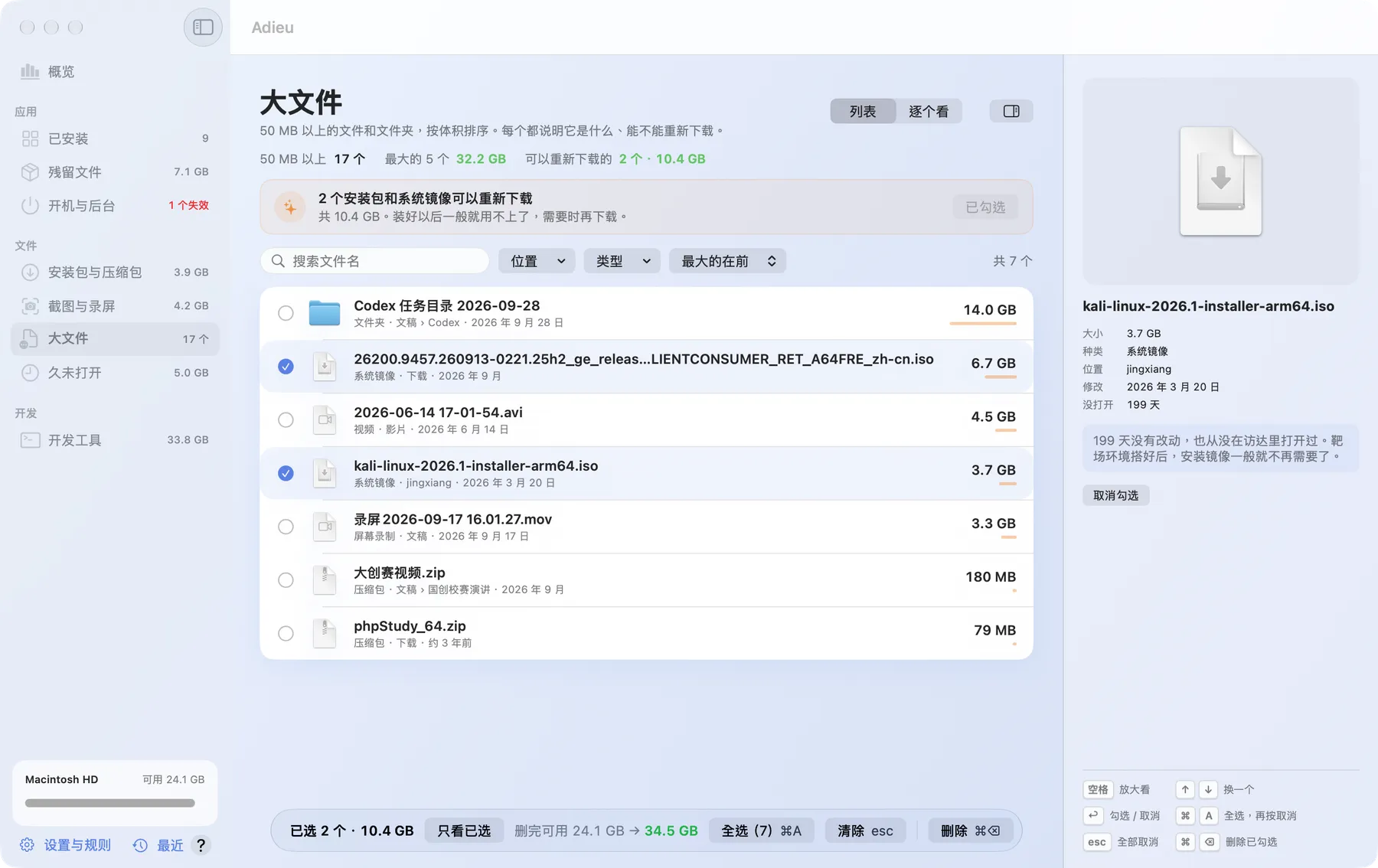 大文件页勾选了两个文件，底栏显示已选数量和删完可用空间
