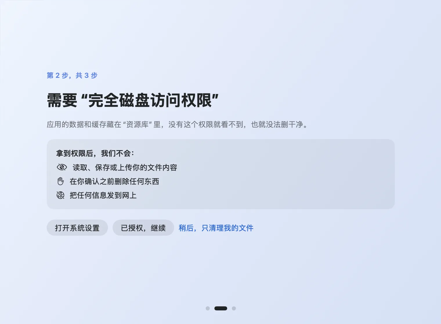 欢迎页第 2 步：需要完全磁盘访问权限