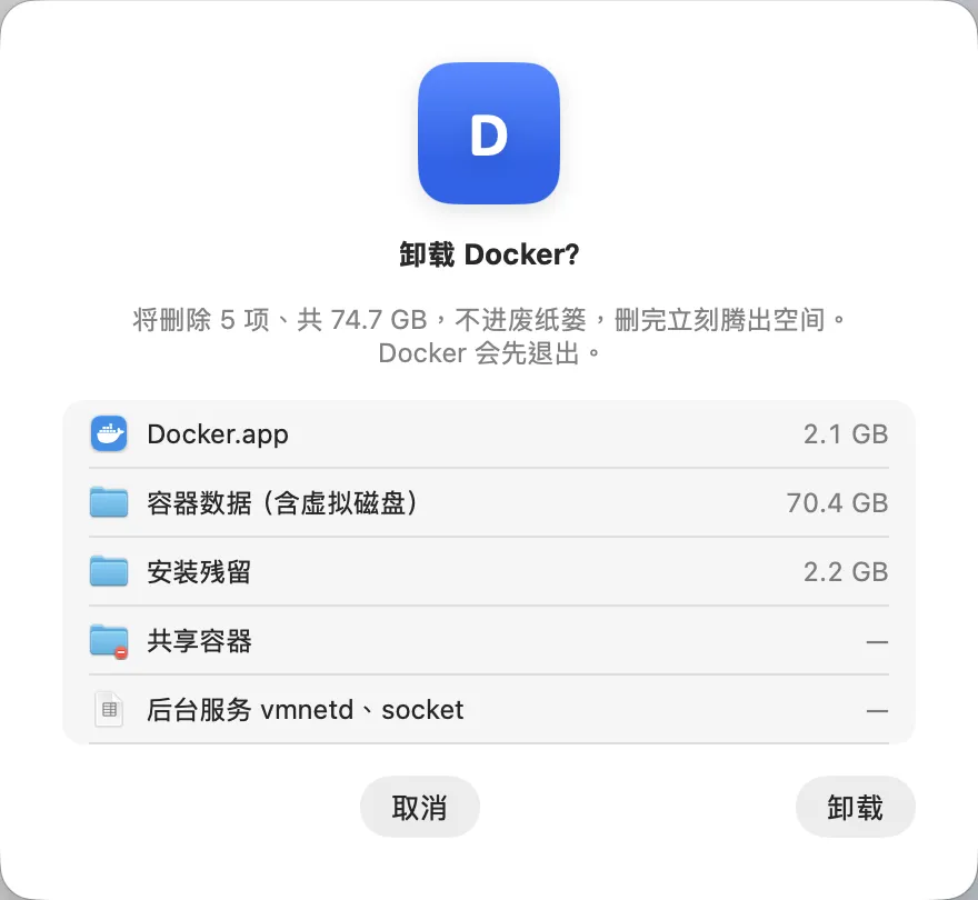 卸载确认框：将删除 5 项、共 74.7 GB，不进废纸篓